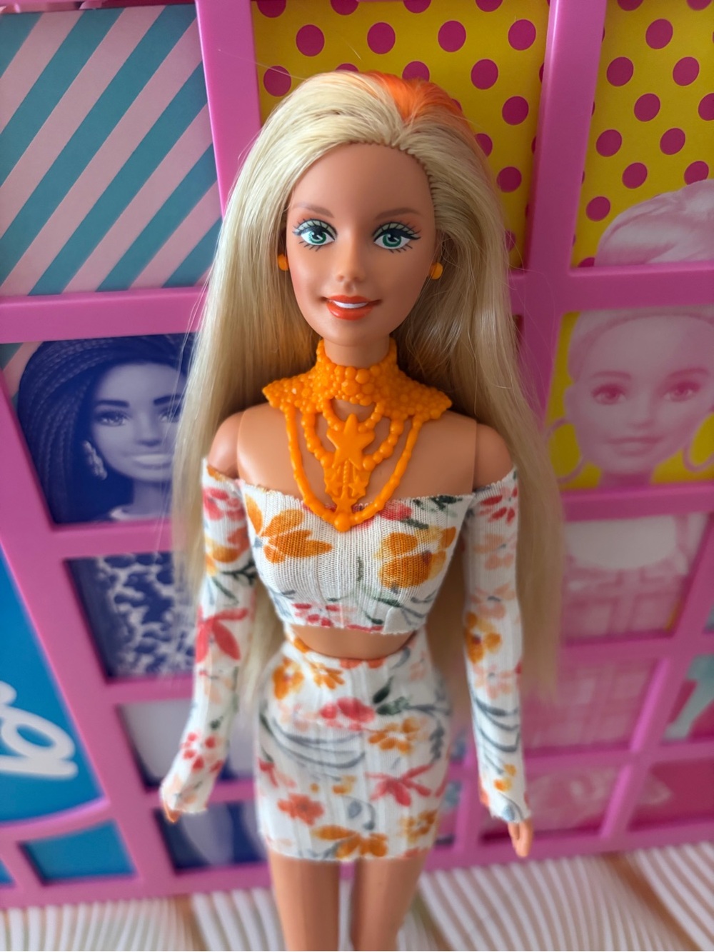 Barbie Blonde Doll with Orange Accessories and Floral Outfit